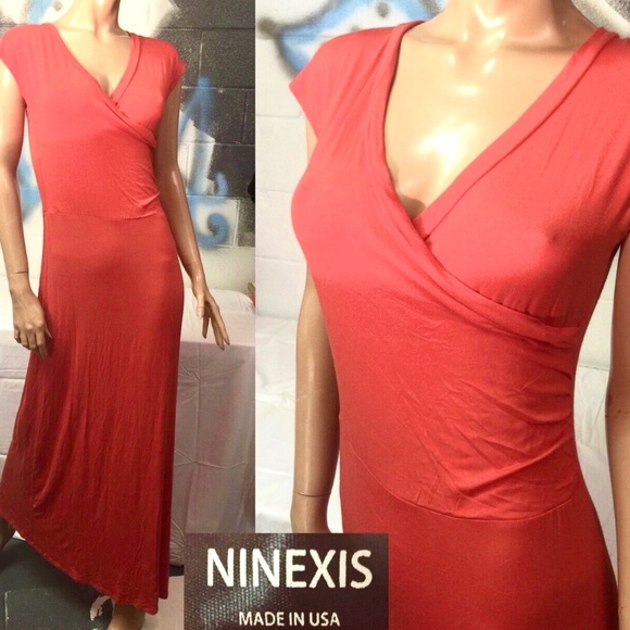 3/$40 Bold Orange Stretch Cotton Knit Short Sleeve Casual A-Line Maxi Dress~S - Picture 1 of 8